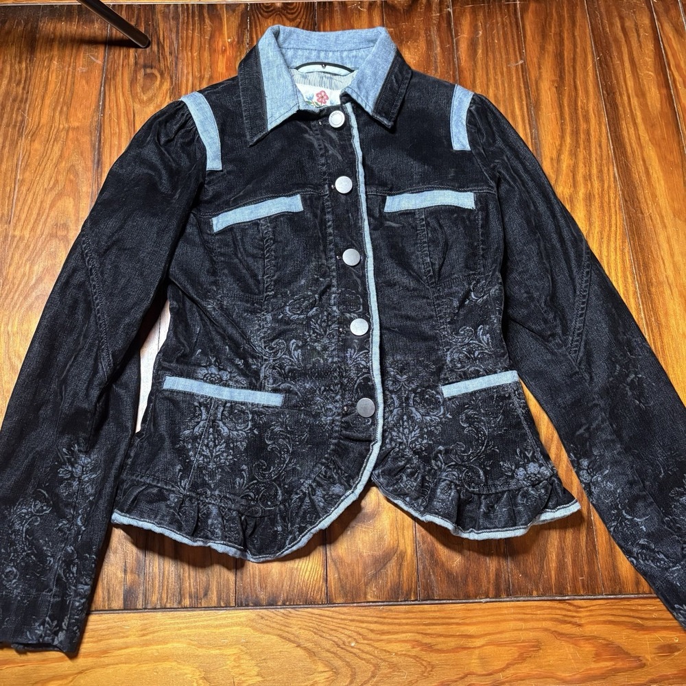 High Claire Campbell Denim Velvet Floral Impression Blazer Jacket Lux Sz 6 A929